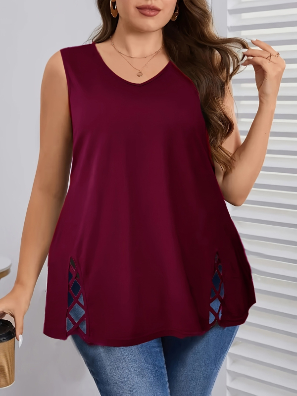 Plus-size dámske tielko bez rukávov s V výstrihom, prekríženými ramienkami a otvoreným chrbtom, ležérny letný top (Materiál: Milk Silk; Hlavné zloženie: Polyester 95%+; Druhé zloženie: Spandex; Dĺžka: Normálna 50–65 cm; Strih: Voľný)