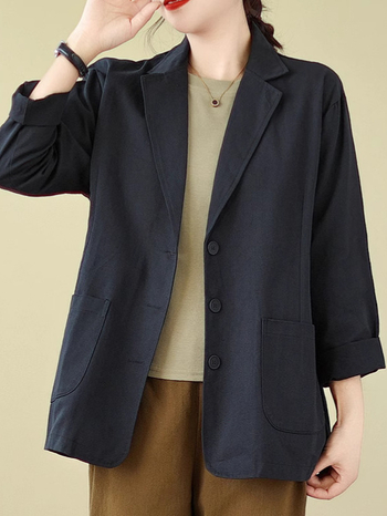 Ženski pamučni blejzer s dugim rukavima, široki kroj, ovratnik tipa sako – redovita duljina