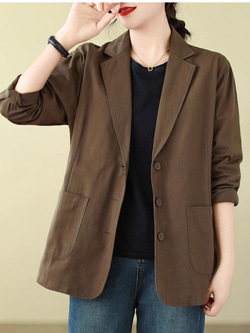 Ženski pamučni blejzer s dugim rukavima, široki kroj, ovratnik tipa sako – redovita duljina
