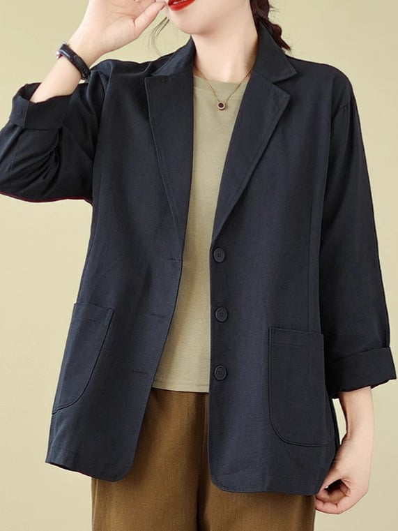 Ženski pamučni blejzer s dugim rukavima, široki kroj, ovratnik tipa sako – redovita duljina