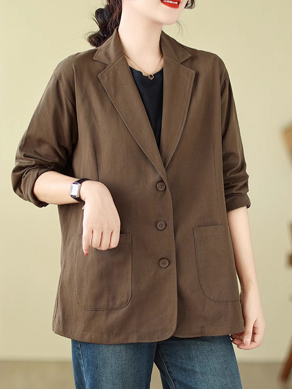 Ženski pamučni blejzer s dugim rukavima, široki kroj, ovratnik tipa sako – redovita duljina
