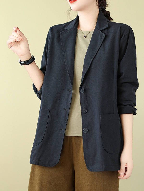 Ženski pamučni blejzer s dugim rukavima, široki kroj, ovratnik tipa sako – redovita duljina