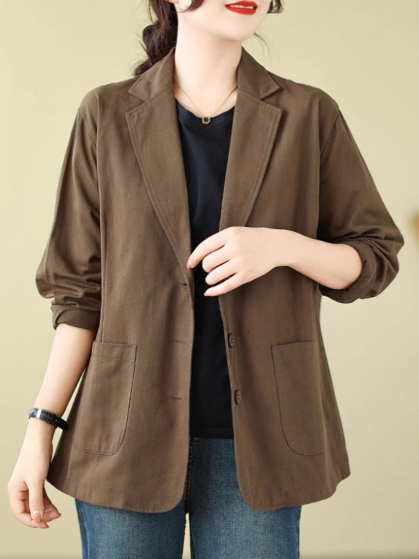 Ženski pamučni blejzer s dugim rukavima, široki kroj, ovratnik tipa sako – redovita duljina