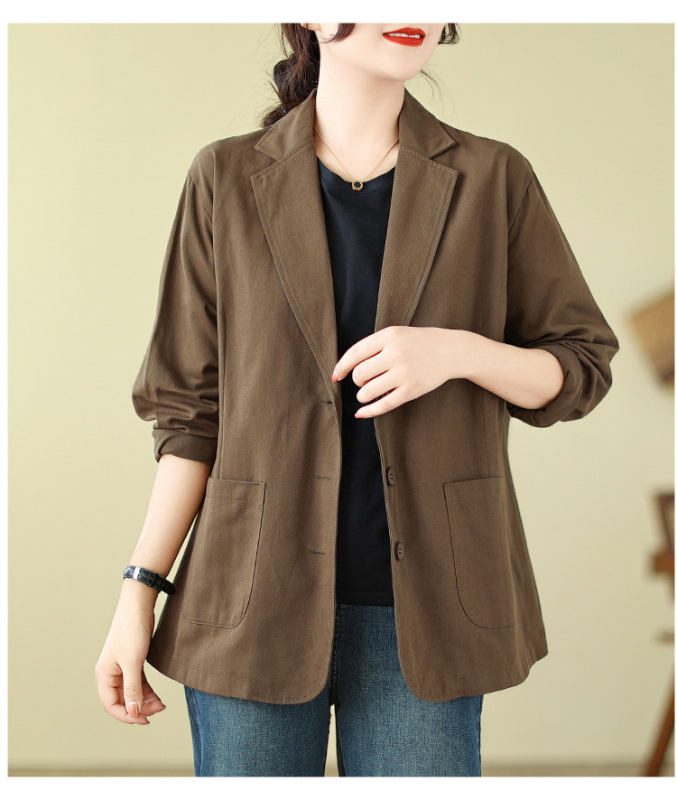 Ženski pamučni blejzer s dugim rukavima, široki kroj, ovratnik tipa sako – redovita duljina