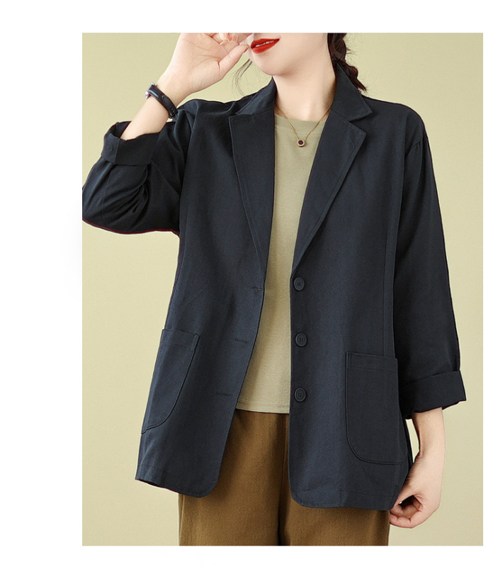 Ženski pamučni blejzer s dugim rukavima, široki kroj, ovratnik tipa sako – redovita duljina