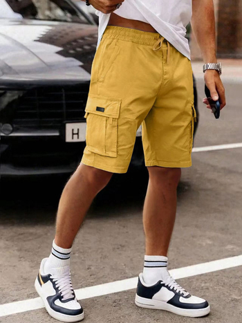 Muške cargo šorceve s vezanjem, kapri duljina, mikroelastičan pojas, poliester 96%, sportski stil