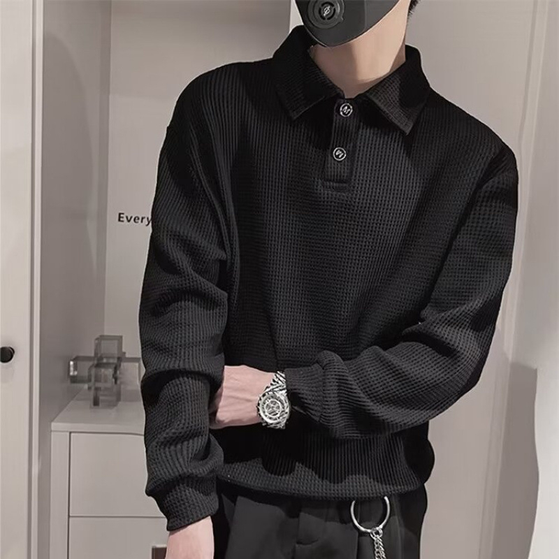 Polo tričko s dlhým rukávom, jednofarebné, voľný strih, tkanina z polyesterovej zmesi