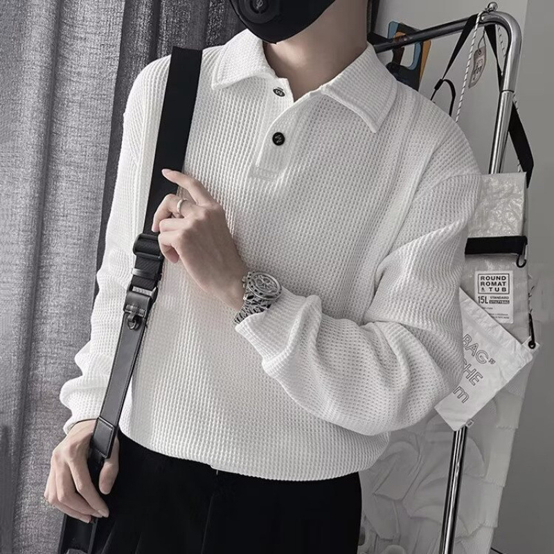 Polo tričko s dlhým rukávom, jednofarebné, voľný strih, tkanina z polyesterovej zmesi