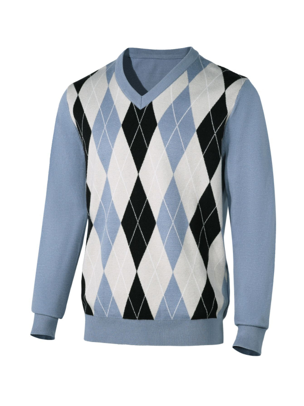 Muški džemper s jacquardom i kariranim uzorkom, V-izrezom, dugim rukavima, straight krojem, debeli pleteni materijal, sintetičko vlakno smjesa (50% viskoze)