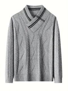 Muški pleteni džemper s V-izrezom, dugi rukavi, jacquard uzorak, umjerene debljine, pranje u perilici