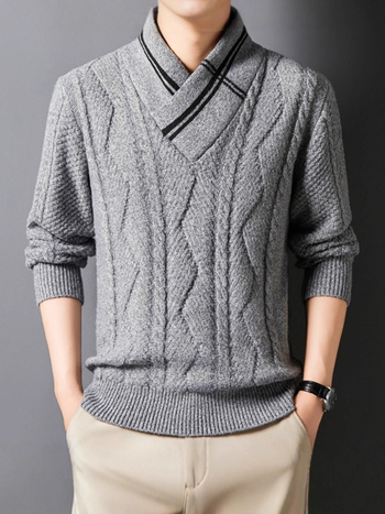 Muški pleteni džemper s V-izrezom, dugi rukavi, jacquard uzorak, umjerene debljine, pranje u perilici