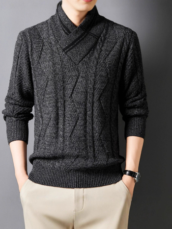 Muški pleteni džemper s V-izrezom, dugi rukavi, jacquard uzorak, umjerene debljine, pranje u perilici