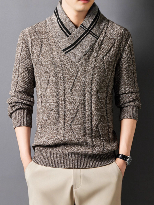 Muški pleteni džemper s V-izrezom, dugi rukavi, jacquard uzorak, umjerene debljine, pranje u perilici