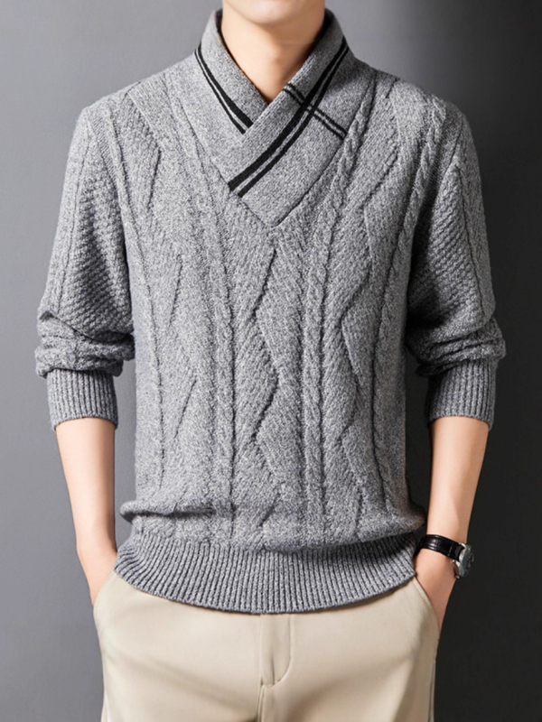 Muški pleteni džemper s V-izrezom, dugi rukavi, jacquard uzorak, umjerene debljine, pranje u perilici