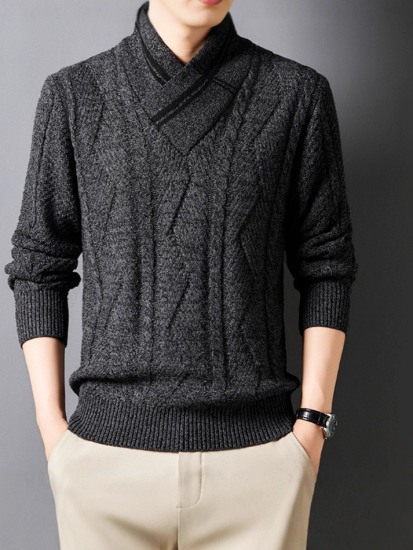 Muški pleteni džemper s V-izrezom, dugi rukavi, jacquard uzorak, umjerene debljine, pranje u perilici