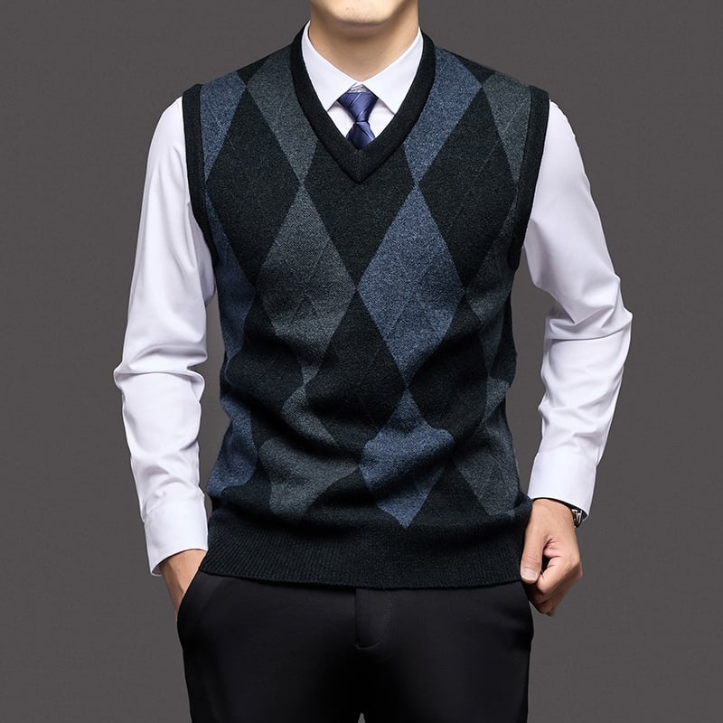 Meeste varrukateta vest, diamantsed muster, paks akrüülsegu 30–35%, V-kaelus, ilma kraega, kevad-sügisperiood