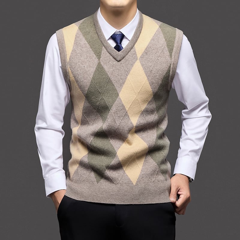 Meeste varrukateta vest, diamantsed muster, paks akrüülsegu 30–35%, V-kaelus, ilma kraega, kevad-sügisperiood