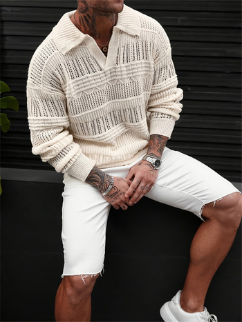 Muški pleteni pulover, prozračni džakard, dizajn color-block, kratki rukavi, slobodan kroj,.preklopni ovratnik