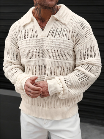 Muški pleteni pulover, prozračni džakard, dizajn color-block, kratki rukavi, slobodan kroj,.preklopni ovratnik