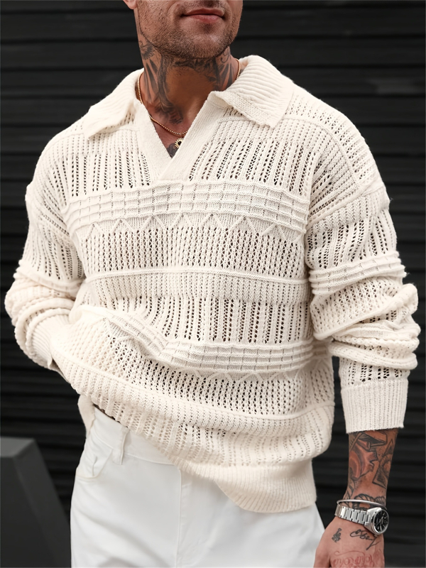 Muški pleteni pulover, prozračni džakard, dizajn color-block, kratki rukavi, slobodan kroj,.preklopni ovratnik