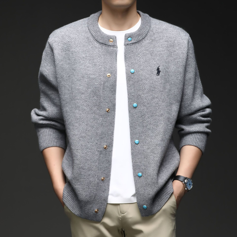 Pleteni kardigan s embroiderijom, korejskog stila, slobodan kroj, okrugli ovratnik, dugi rukavi, sastav materijala: 50% akril, 30,3% poliestar, 19,7% elastan