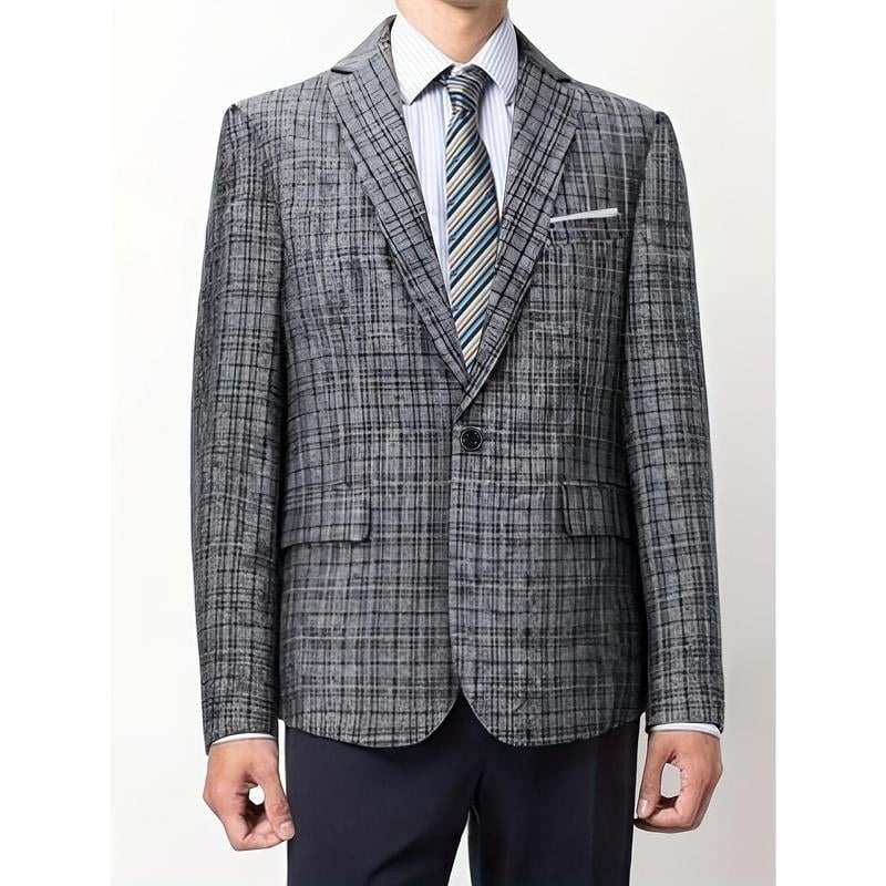 Kasdienis vyriškas kostiumas iš lino-korduro audinio, siauras siluetas, vieno mygtuko, rever, pavasaris 2025