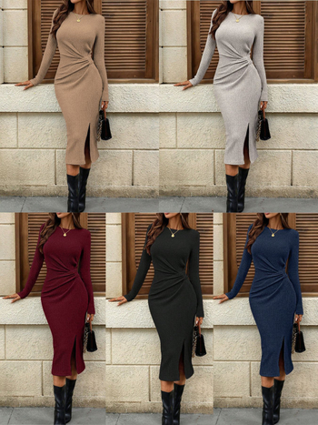 Pletena bodycon haljina s okruglim izrezom, dugim rukavima, srednje duljine, detalj twist čvora i šlic
