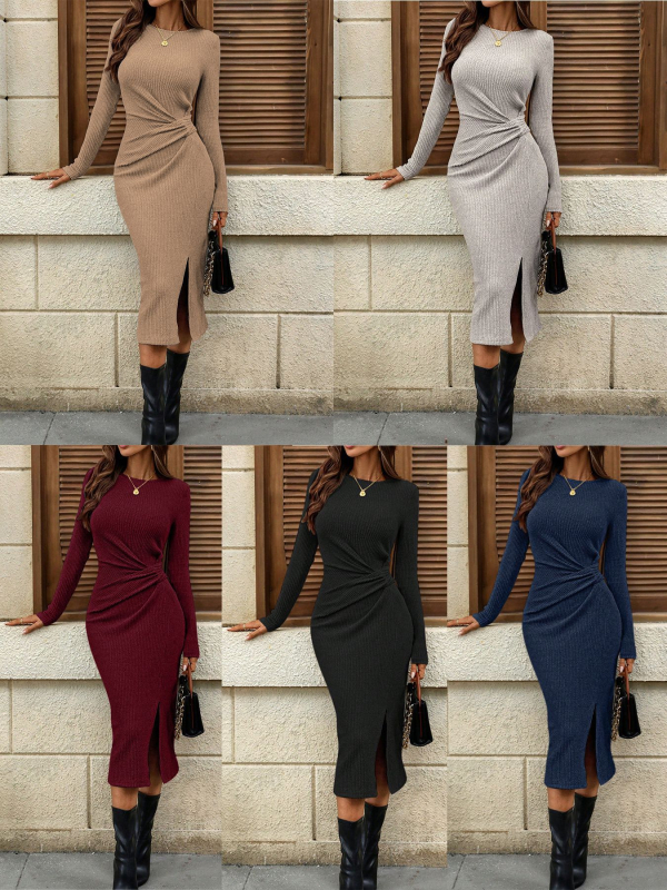 Pletena bodycon haljina s okruglim izrezom, dugim rukavima, srednje duljine, detalj twist čvora i šlic