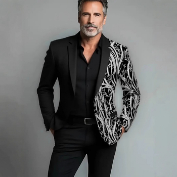 Slim-fit švarkas su šalikine apykakle, vieno mygtuko sagos, patchwork dizainas, poliesterio mišinys