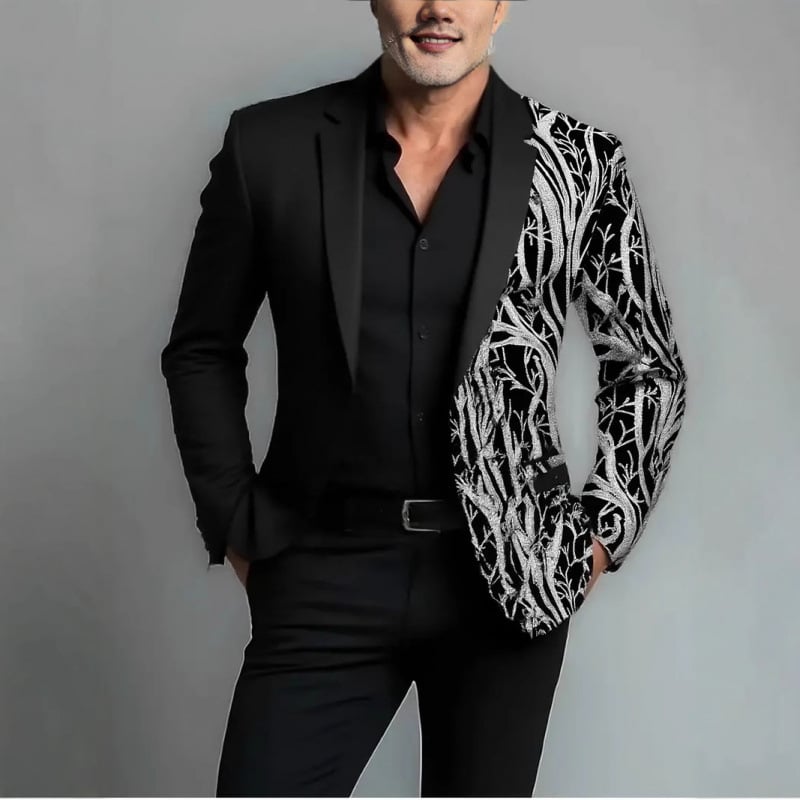 Slim-fit švarkas su šalikine apykakle, vieno mygtuko sagos, patchwork dizainas, poliesterio mišinys