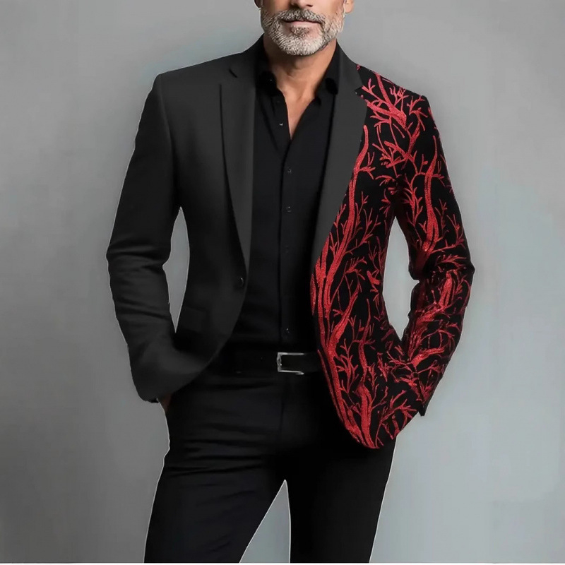 Slim-fit švarkas su šalikine apykakle, vieno mygtuko sagos, patchwork dizainas, poliesterio mišinys