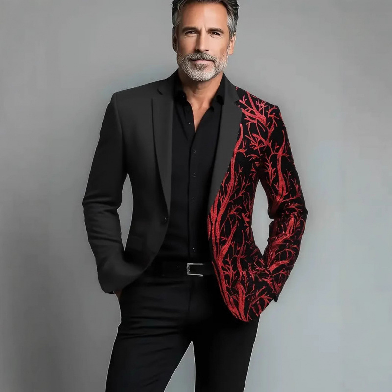 Slim-fit švarkas su šalikine apykakle, vieno mygtuko sagos, patchwork dizainas, poliesterio mišinys