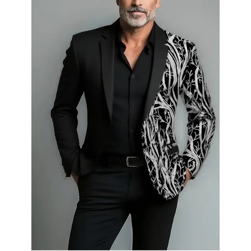 Slim-fit švarkas su šalikine apykakle, vieno mygtuko sagos, patchwork dizainas, poliesterio mišinys