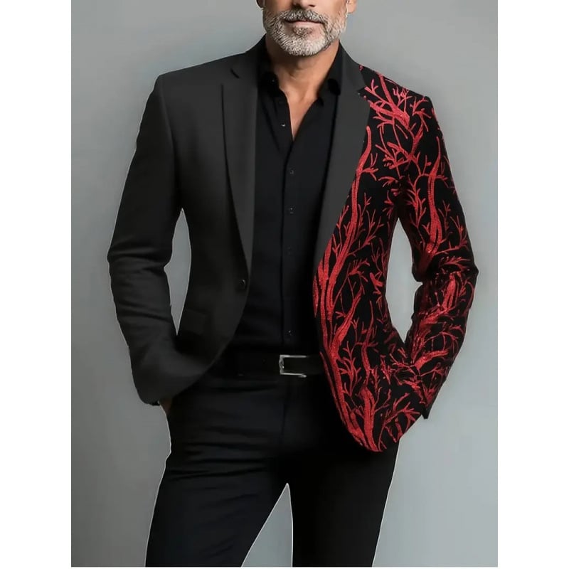 Slim-fit švarkas su šalikine apykakle, vieno mygtuko sagos, patchwork dizainas, poliesterio mišinys