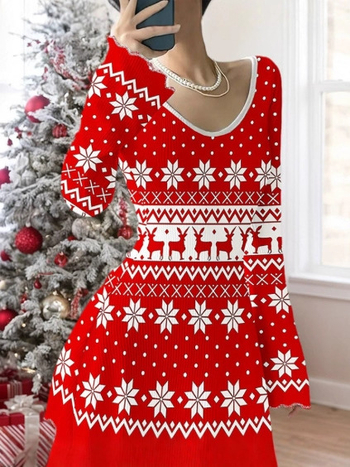 Haljina s V izrezom, rukavi trumpet, srednja duljina, poliester, elegantan gradski stil