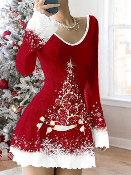 Haljina s V izrezom, rukavi trumpet, srednja duljina, poliester, elegantan gradski stil