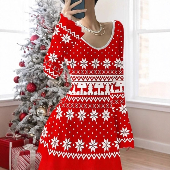 Haljina s V izrezom, rukavi trumpet, srednja duljina, poliester, elegantan gradski stil