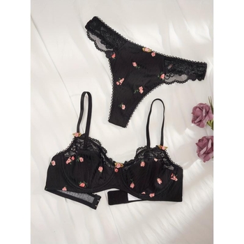 Set grudnjaka i gaćica s cvjetnim uzorkom, Push-Up, čipka u kontrastu