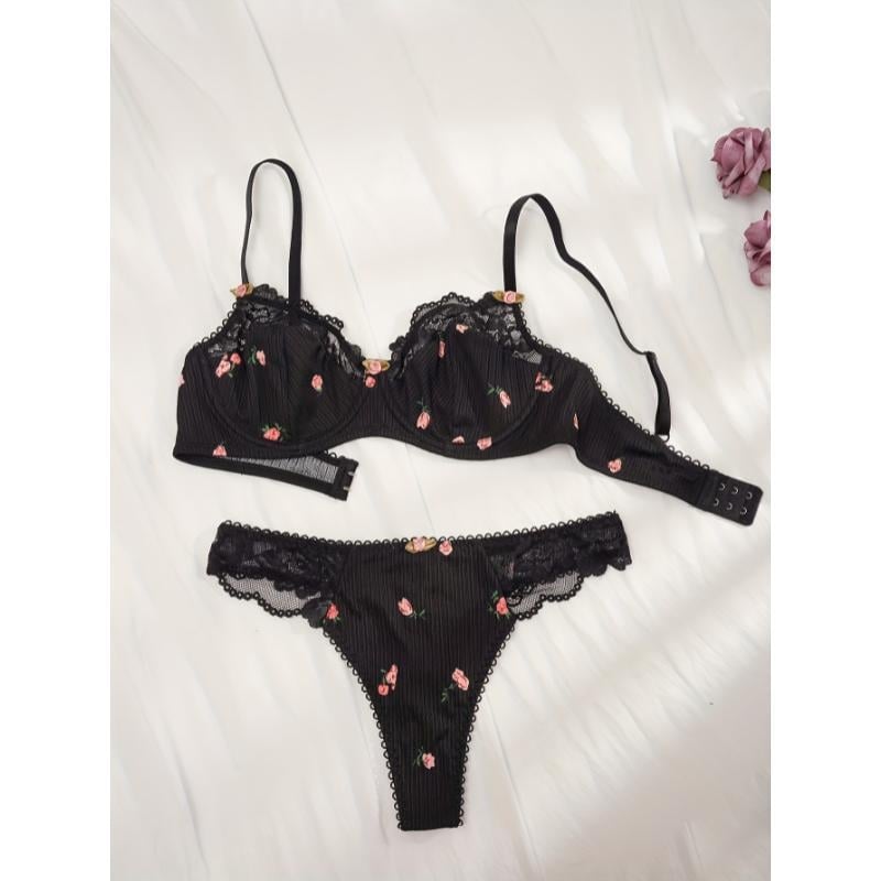 Set grudnjaka i gaćica s cvjetnim uzorkom, Push-Up, čipka u kontrastu