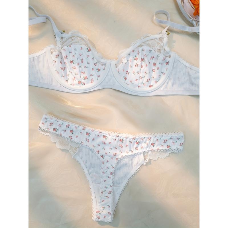 Set grudnjaka i gaćica s cvjetnim uzorkom, Push-Up, čipka u kontrastu