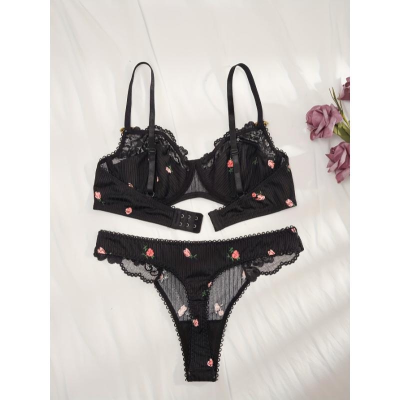 Set grudnjaka i gaćica s cvjetnim uzorkom, Push-Up, čipka u kontrastu