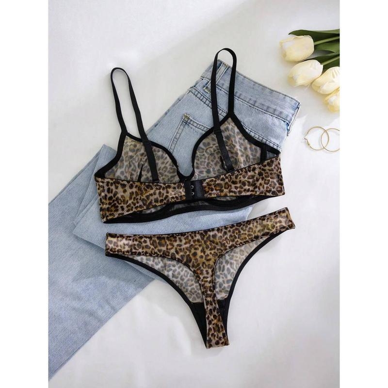 Set grudnjaka s leopard printom i prugama, čipka, najlon, pamuk podstava, Push-Up