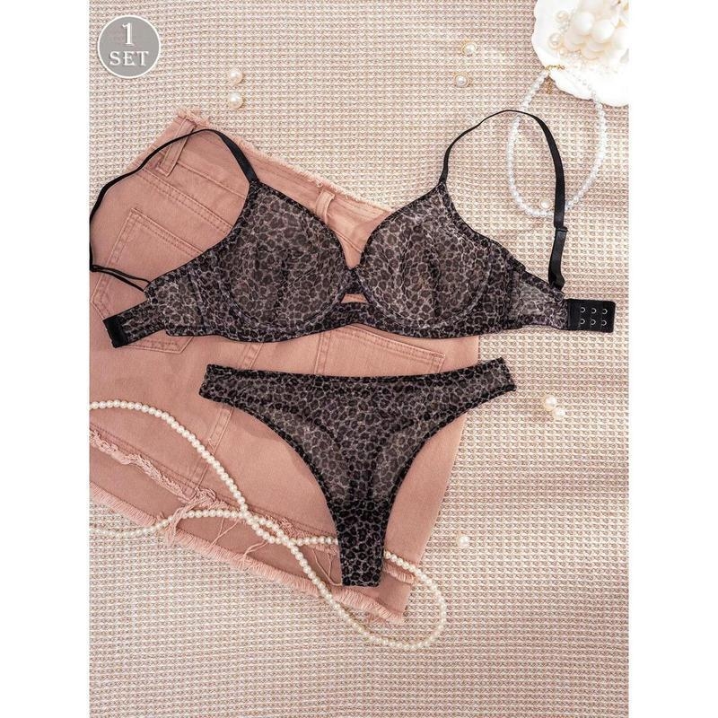 Set grudnjaka s leopard printom i prugama, čipka, najlon, pamuk podstava, Push-Up