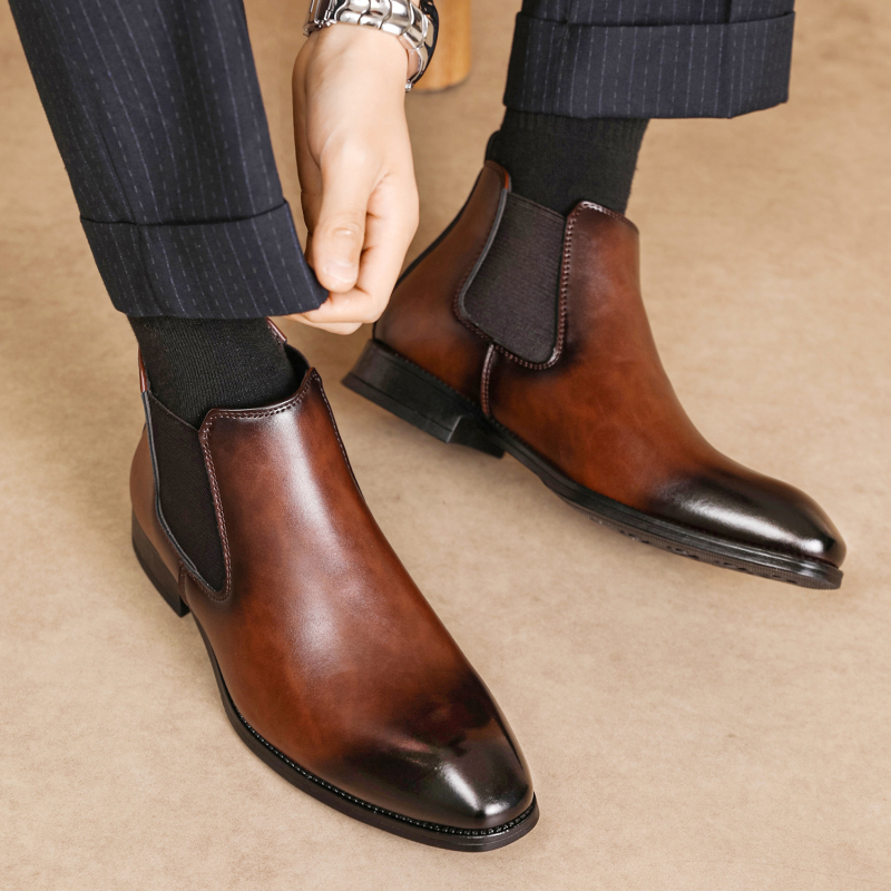 Pánske Chelsea čižmy 4039, PU vrchný materiál, gumová podrážka, štvorcový nos, stredný podpätok 3–5 cm, elastická páska