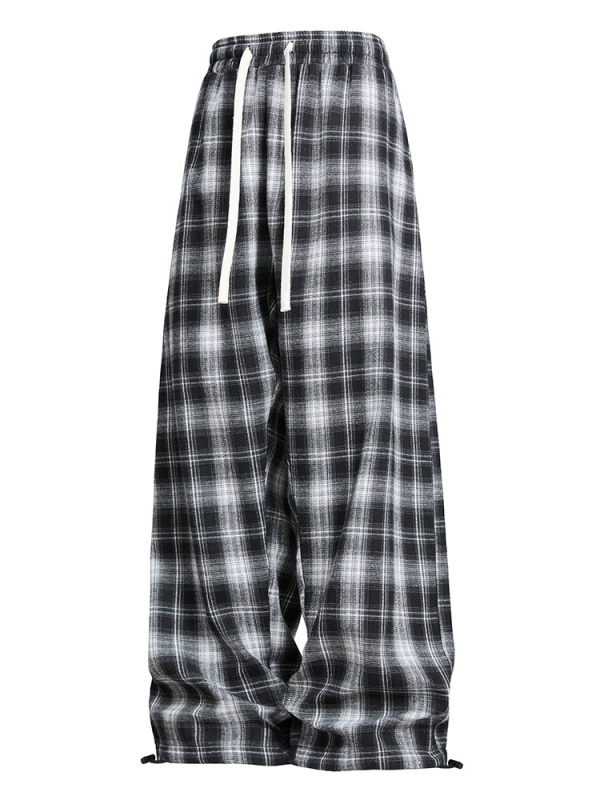 Muške karirane udobne hlače s ravnim krojem, opuštene siluete, šniru u struku