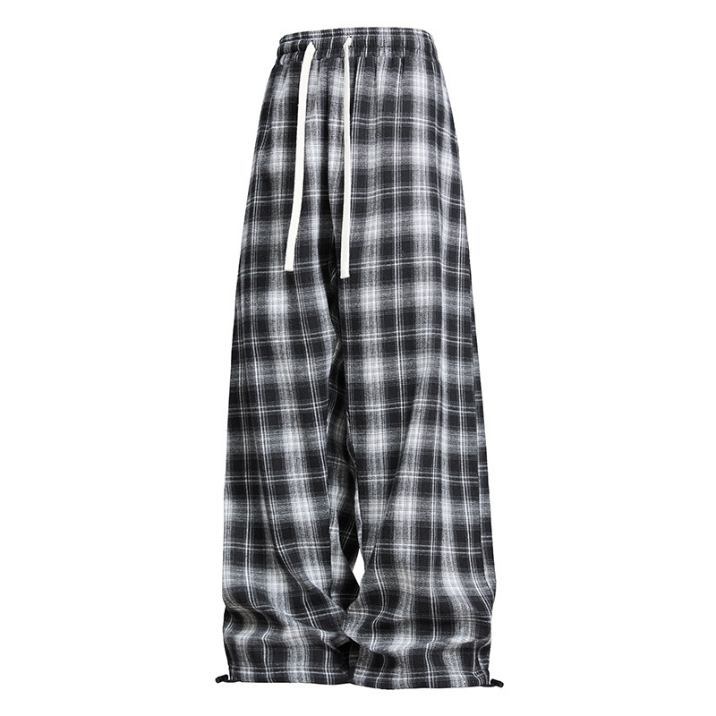 Muške karirane udobne hlače s ravnim krojem, opuštene siluete, šniru u struku