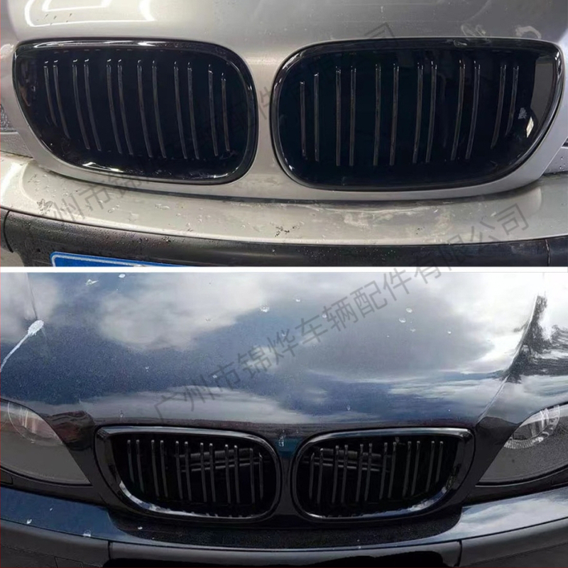 BMW 3-ios serijos E46 radiatoriaus grotelės su dvigubomis juostomis – ABS plastikas, montavimas prie buferio, svoris 520 g, tinka 02–05 E46