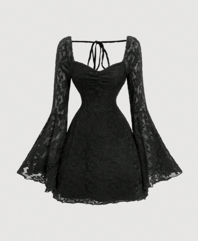 A-vonalú ruha négyszögletes kivágással, hosszú puffos ujjal, magas derékkal, háló anyag