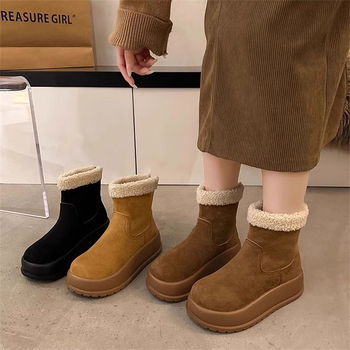 Ženske čizme za snijeg s debelim potplatom, stražnji zatvarač, gornji dio nubuka, gumeni potplat, kratka visina čizme, podstava od umjetnog pliša