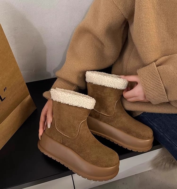 Ženske čizme za snijeg s debelim potplatom, stražnji zatvarač, gornji dio nubuka, gumeni potplat, kratka visina čizme, podstava od umjetnog pliša